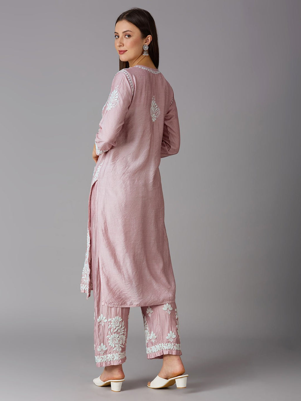 Lucknow Chikankari Hand Embroidered Kurta and Palazzo Set Chanderi Silk - Indiankala4u