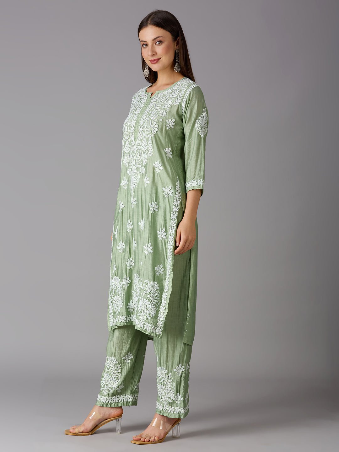 Lucknow Chikankari Hand Embroidered Kurta and Palazzo Set Chanderi Silk - Indiankala4u