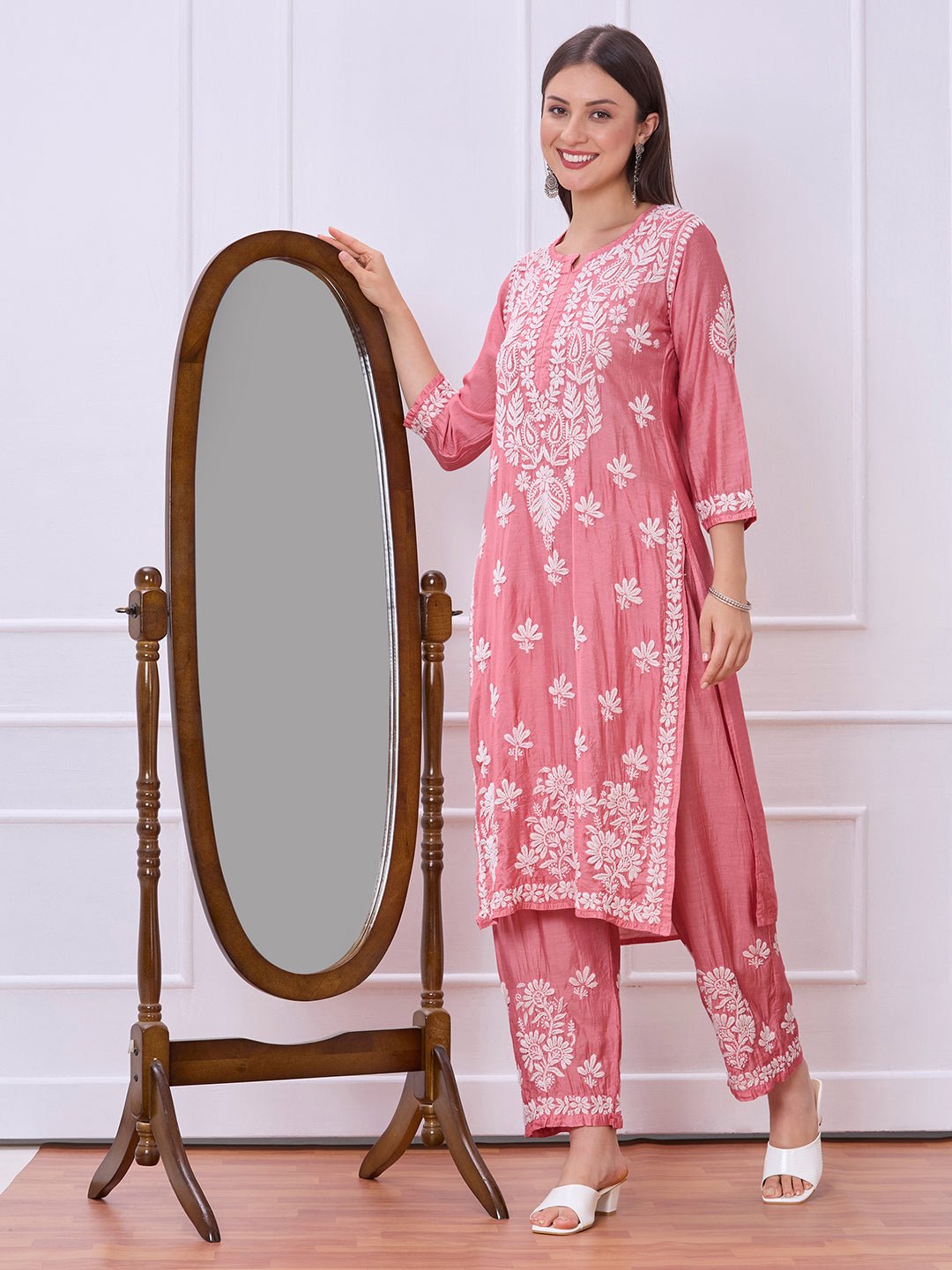 Lucknow Chikankari Hand Embroidered Kurta and Palazzo Set Chanderi Silk - Indiankala4u