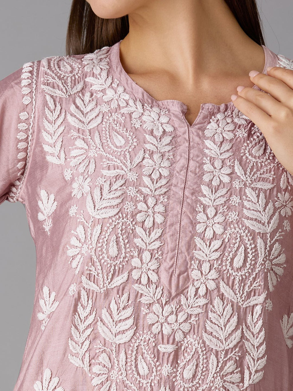 Lucknow Chikankari Hand Embroidered Kurta and Palazzo Set Chanderi Silk - Indiankala4u