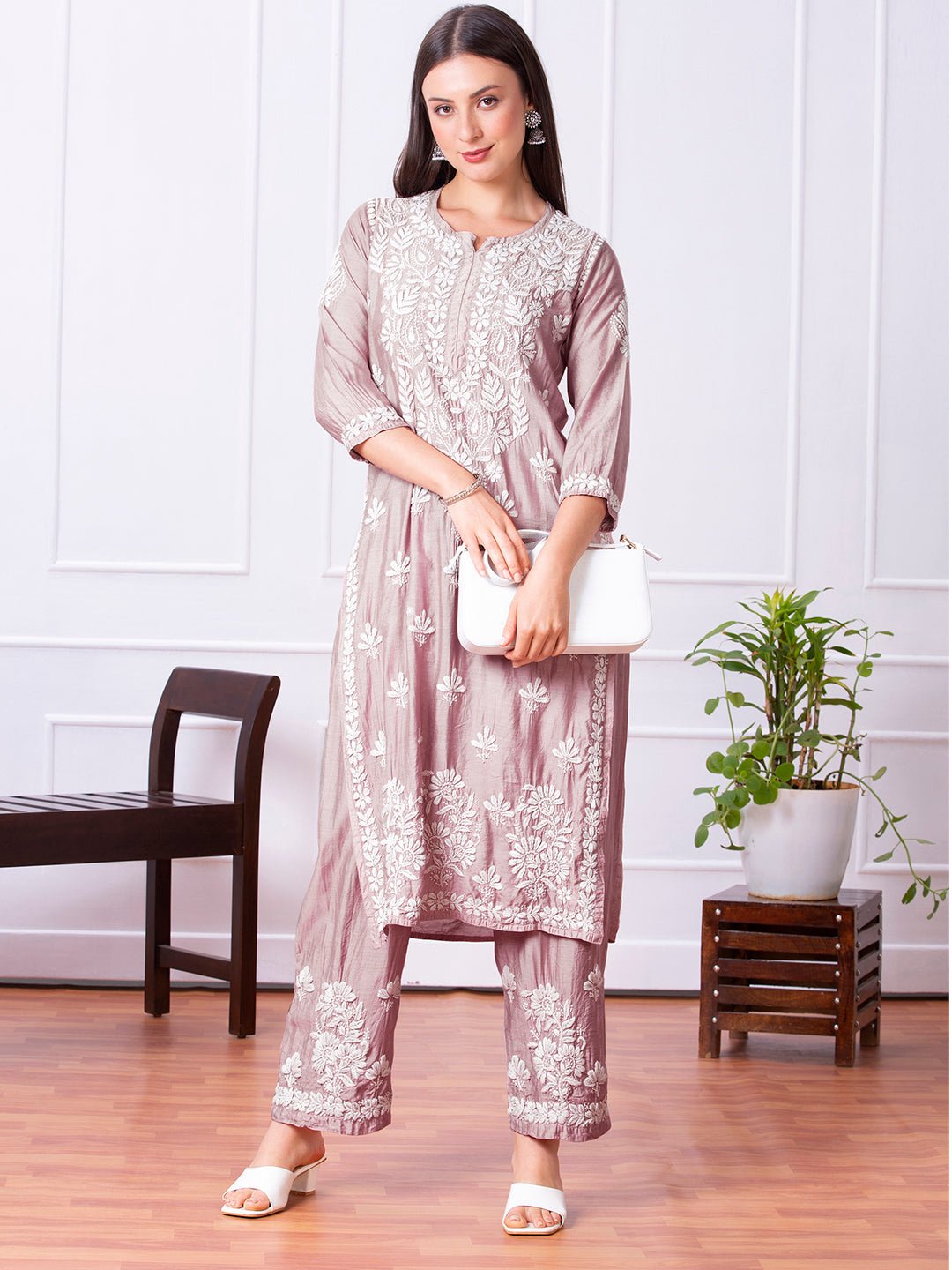 Lucknow Chikankari Hand Embroidered Kurta and Palazzo Set Chanderi Silk - Indiankala4u