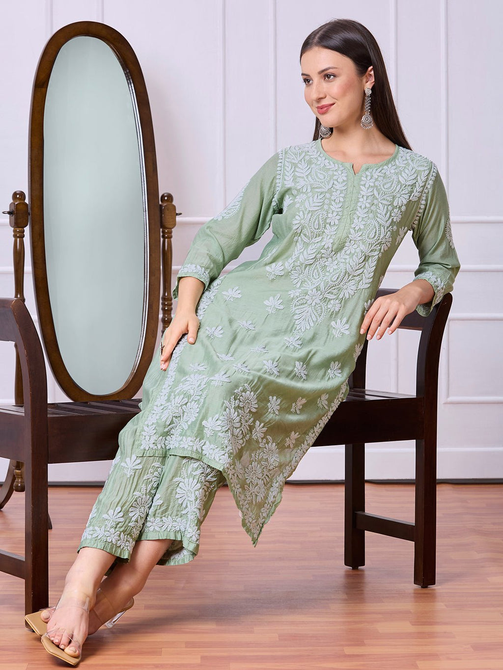 Lucknow Chikankari Hand Embroidered Kurta and Palazzo Set Chanderi Silk - Indiankala4u