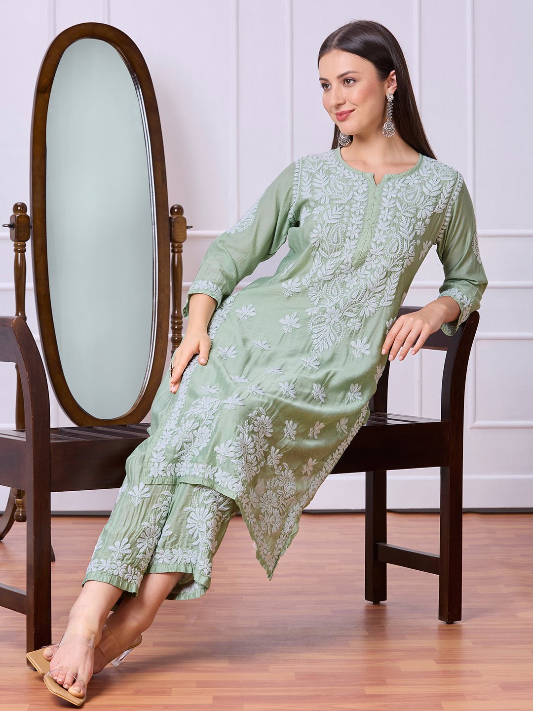 Lucknow Chikankari Hand Embroidered Kurta and Palazzo Set Chanderi Silk - Indiankala4u