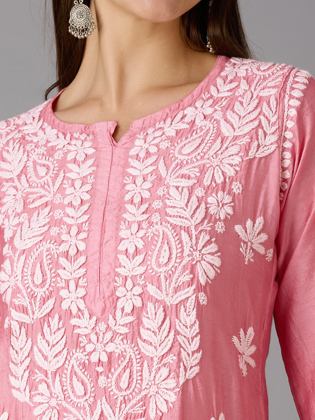 Lucknow Chikankari Hand Embroidered Kurta and Palazzo Set Chanderi Silk - Indiankala4u