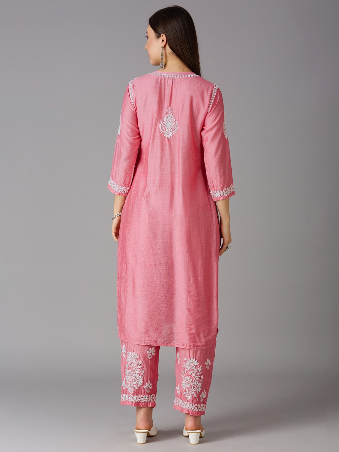 Lucknow Chikankari Hand Embroidered Kurta and Palazzo Set Chanderi Silk - Indiankala4u