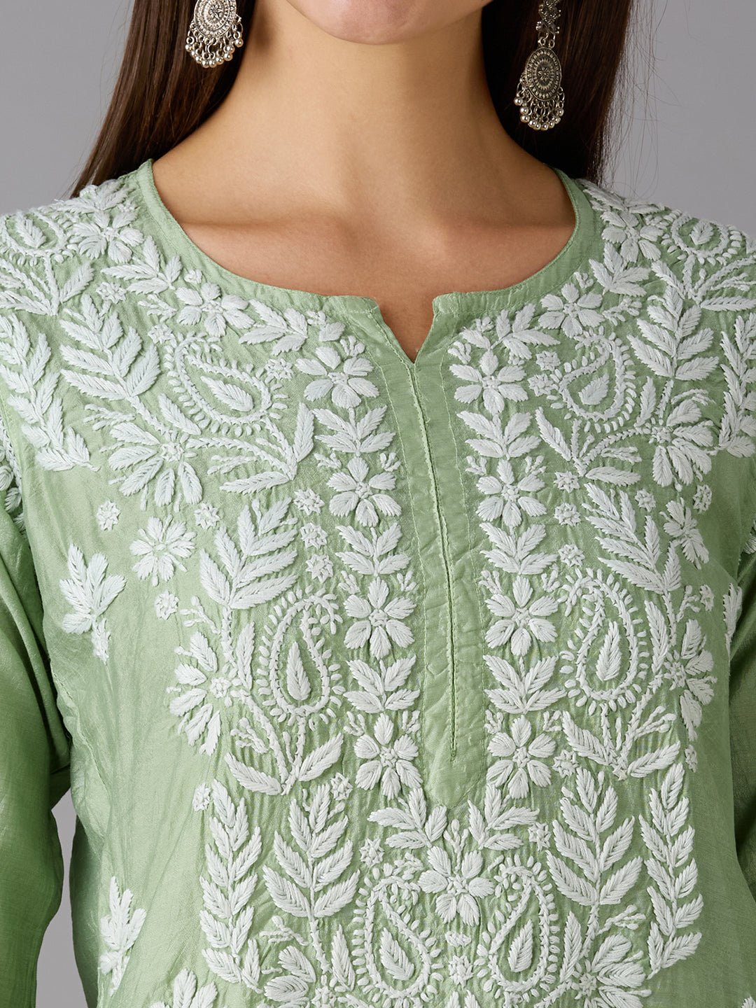 Lucknow Chikankari Hand Embroidered Kurta and Palazzo Set Chanderi Silk - Indiankala4u