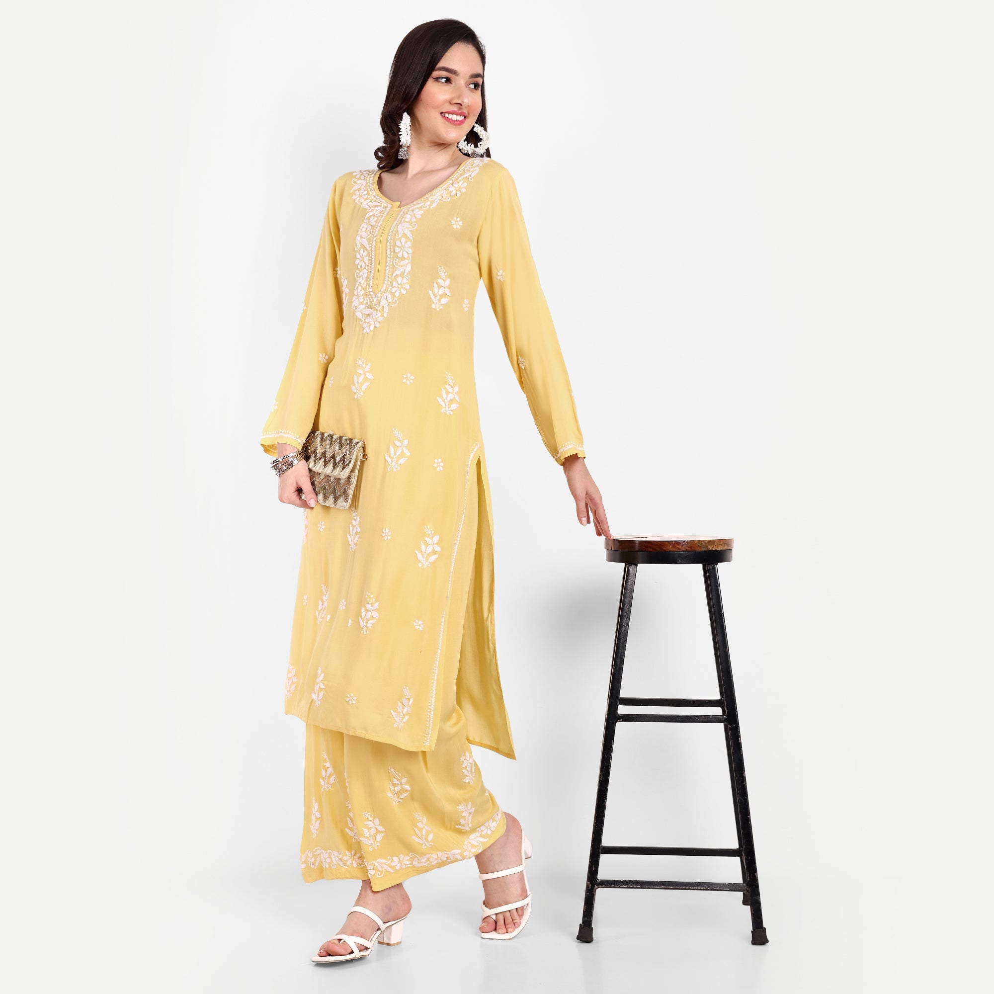 Lucknow Chikankari Hand Embroidered Kurta and Palazzo Set Modal Cotton - Indiankala4u