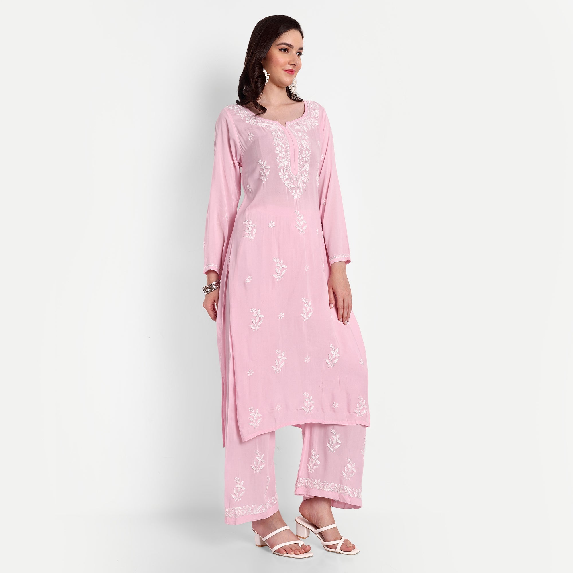 Lucknow Chikankari Hand Embroidered Kurta and Palazzo Set Modal Cotton - Indiankala4u
