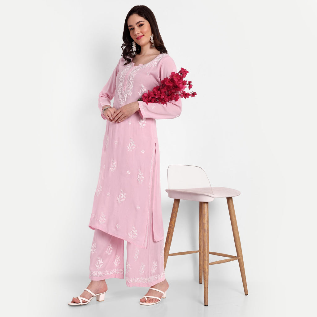Lucknow Chikankari Hand Embroidered Kurta and Palazzo Set Modal Cotton - Indiankala4u