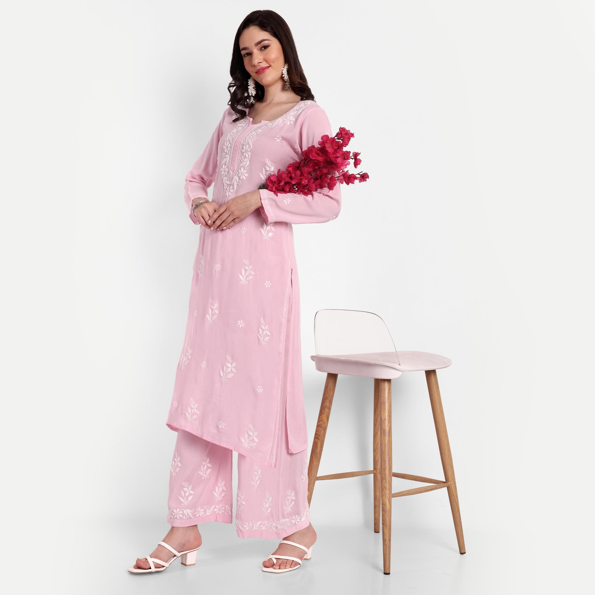 Lucknow Chikankari Hand Embroidered Kurta and Palazzo Set Modal Cotton - Indiankala4u