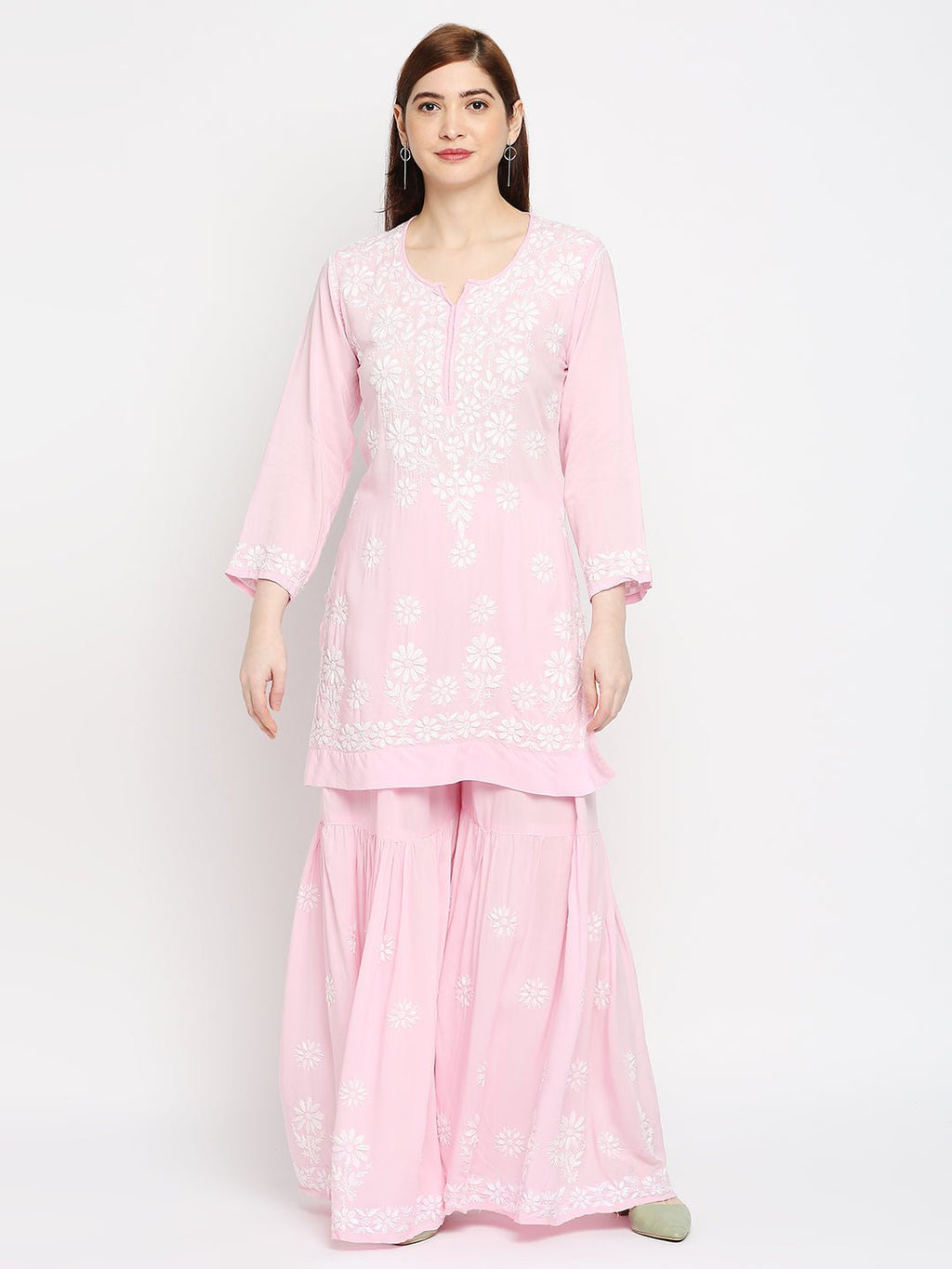 Lucknow Chikankari Hand Embroidered Kurta and Palazzo Set Modal Cotton - Indiankala4u