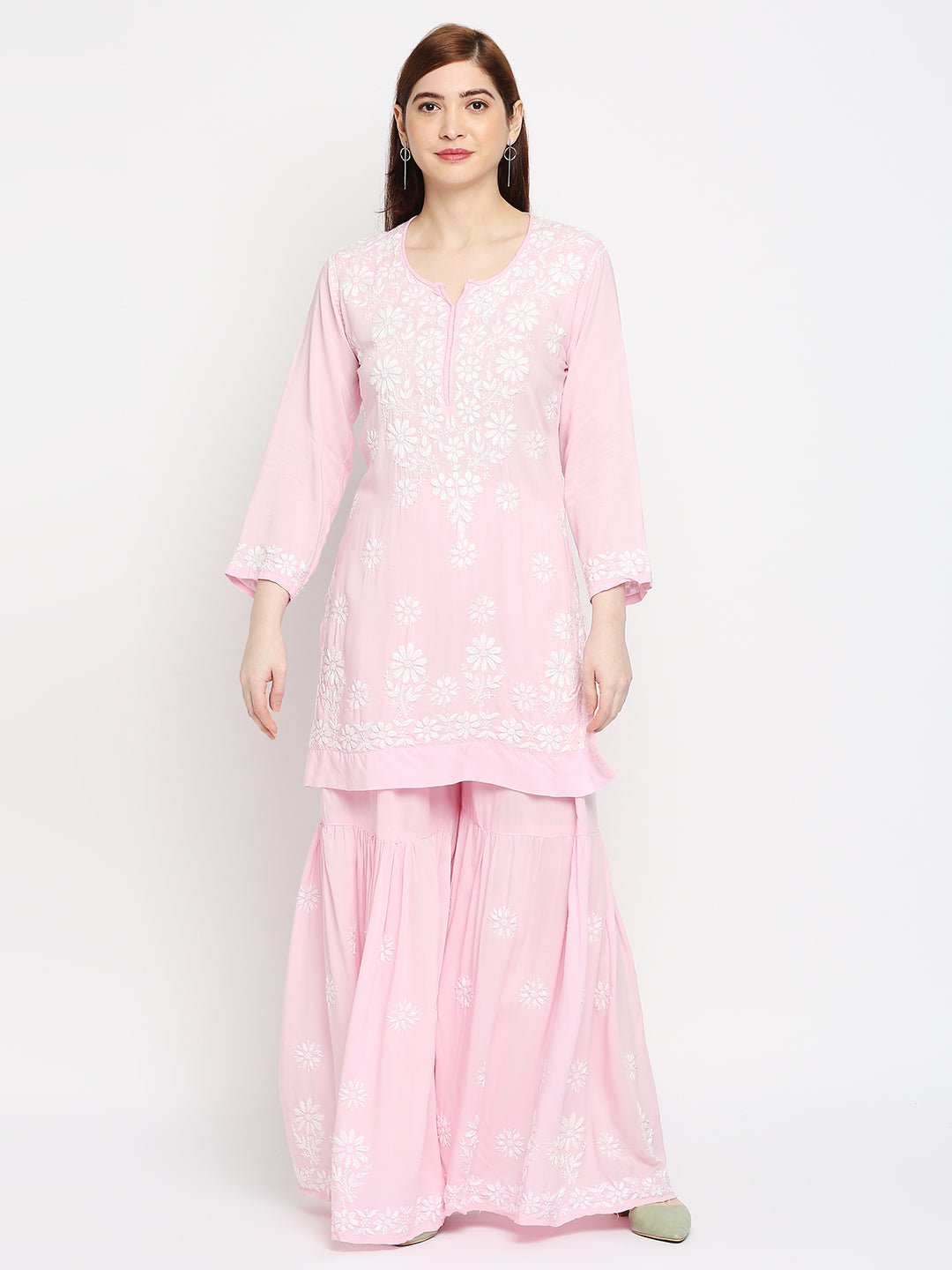 Lucknow Chikankari Hand Embroidered Kurta and Palazzo Set Modal Cotton - Indiankala4u