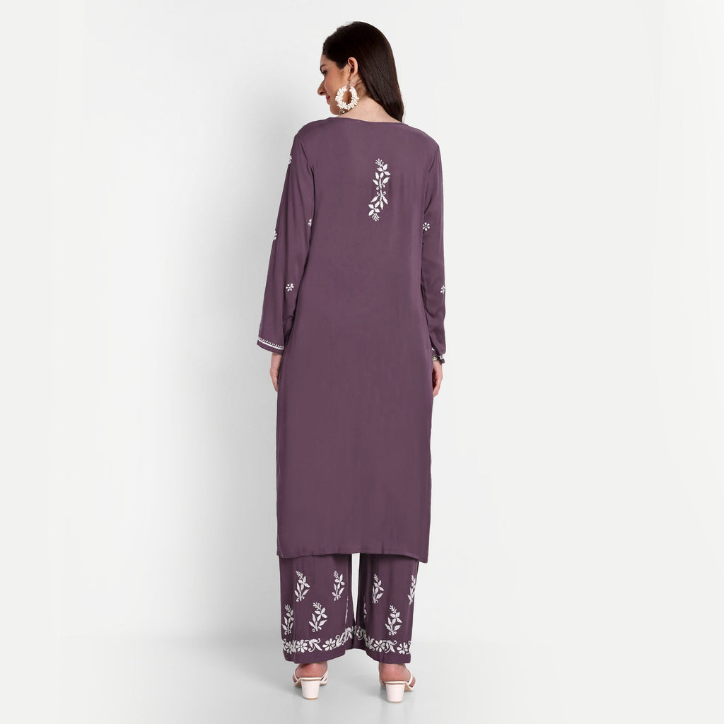 Lucknow Chikankari Hand Embroidered Kurta and Palazzo Set Modal Cotton - Indiankala4u