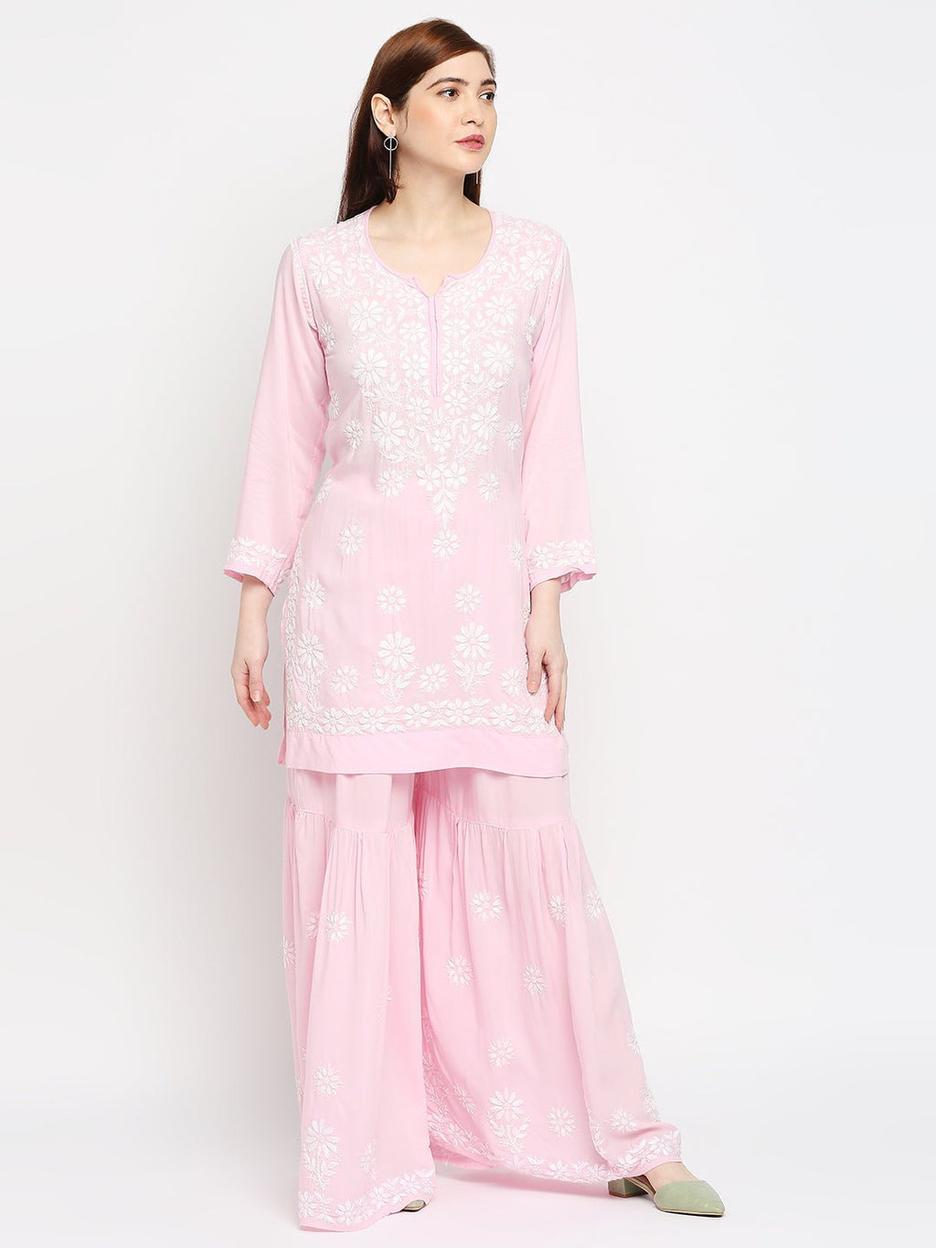 Lucknow Chikankari Hand Embroidered Kurta and Palazzo Set Modal Cotton - Indiankala4u