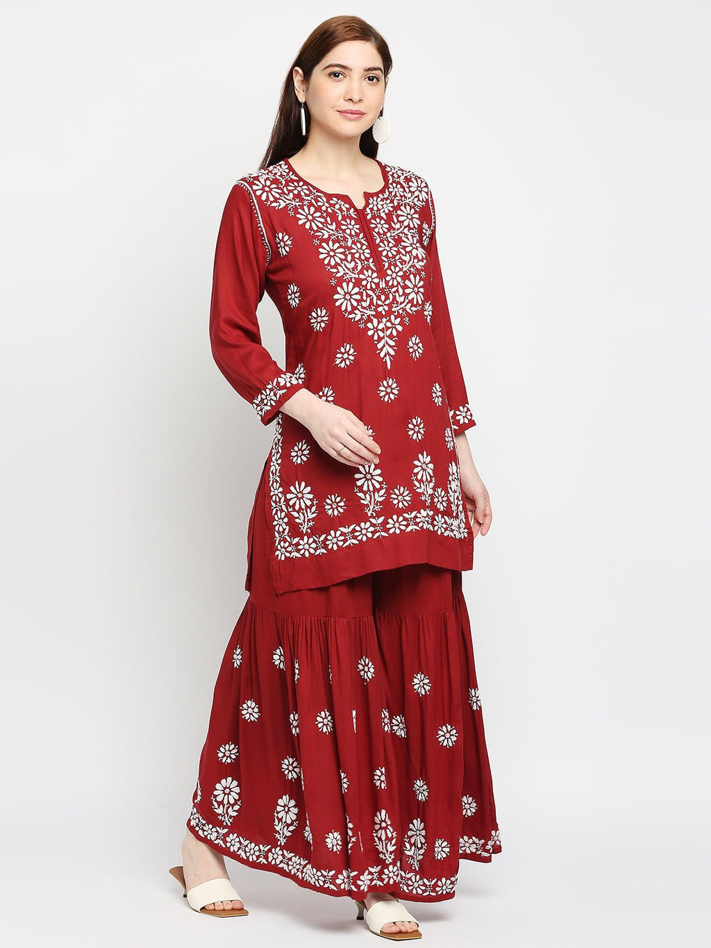 Lucknow Chikankari Hand Embroidered Kurta and Palazzo Set Modal Cotton - Indiankala4u