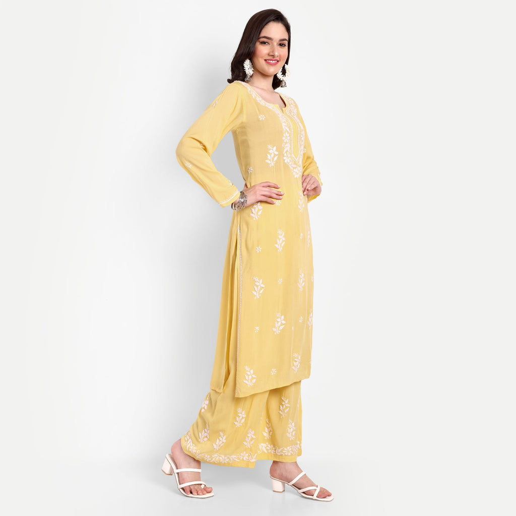 Lucknow Chikankari Hand Embroidered Kurta and Palazzo Set Modal Cotton - Indiankala4u