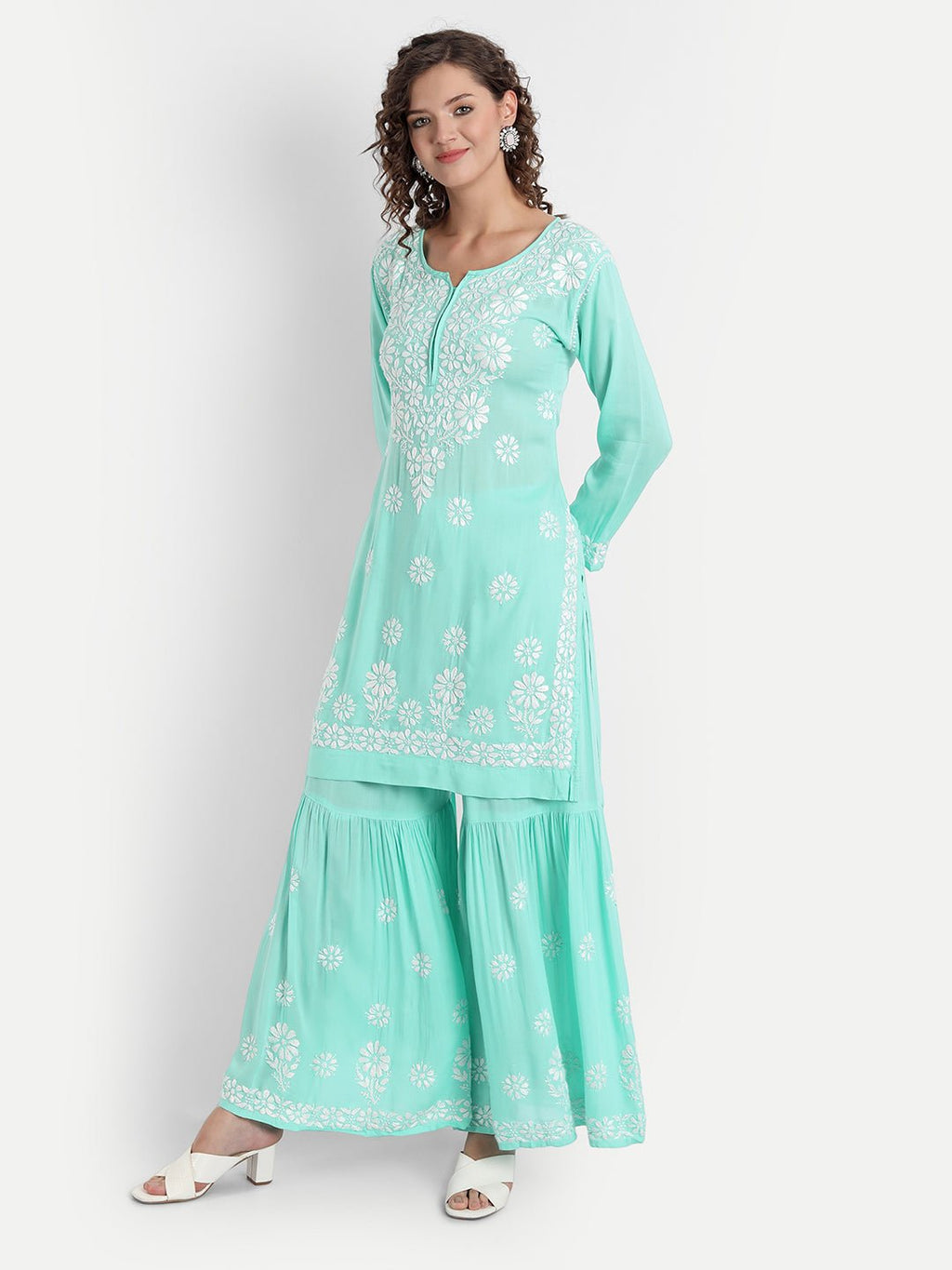Lucknow Chikankari Hand Embroidered Kurta and Palazzo Set Modal Cotton - Indiankala4u