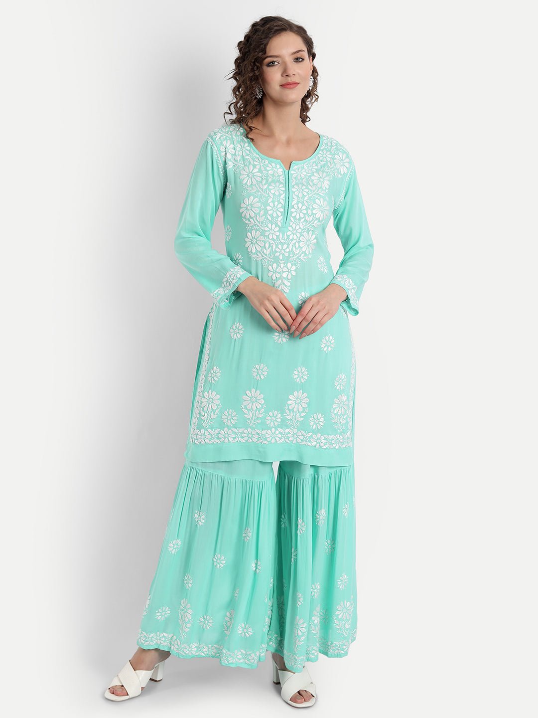 Lucknow Chikankari Hand Embroidered Kurta and Palazzo Set Modal Cotton - Indiankala4u