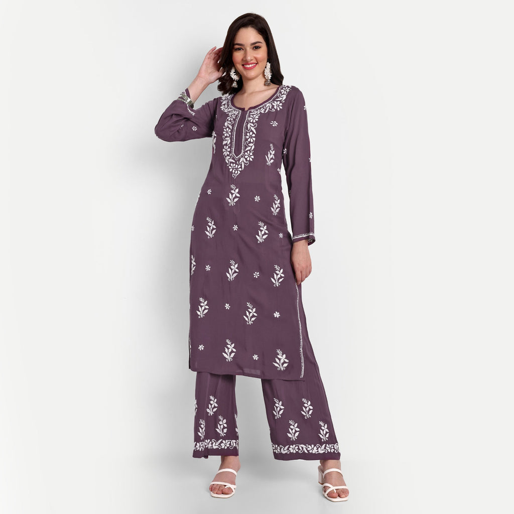 Lucknow Chikankari Hand Embroidered Kurta and Palazzo Set Modal Cotton - Indiankala4u