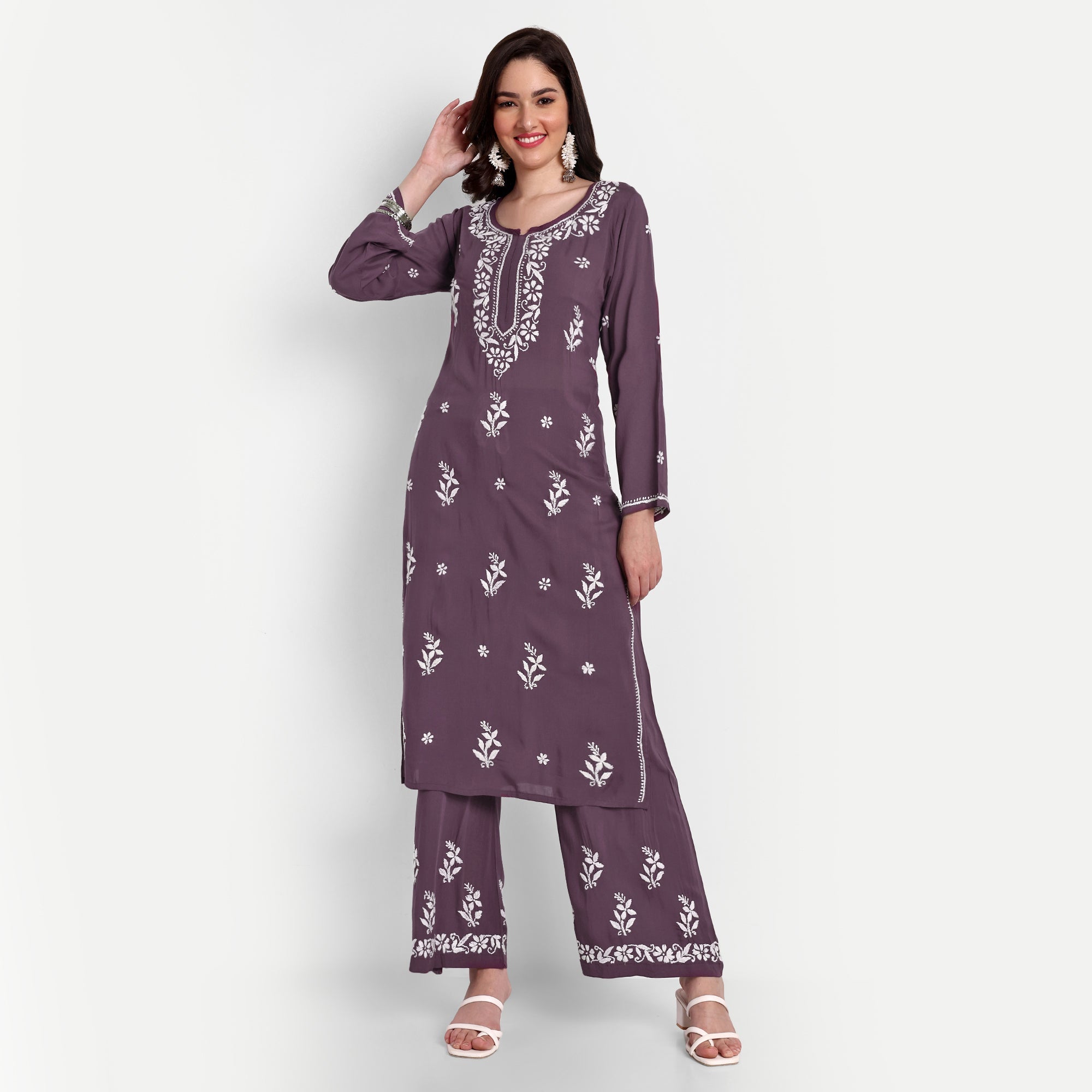 Lucknow Chikankari Hand Embroidered Kurta and Palazzo Set Modal Cotton - Indiankala4u