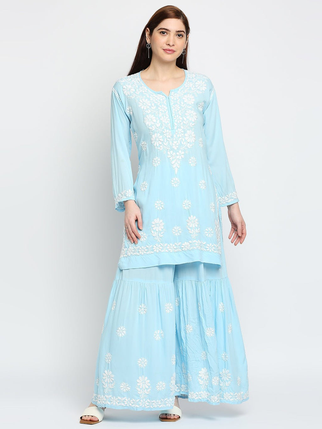 Lucknow Chikankari Hand Embroidered Kurta and Palazzo Set Modal Cotton - Indiankala4u