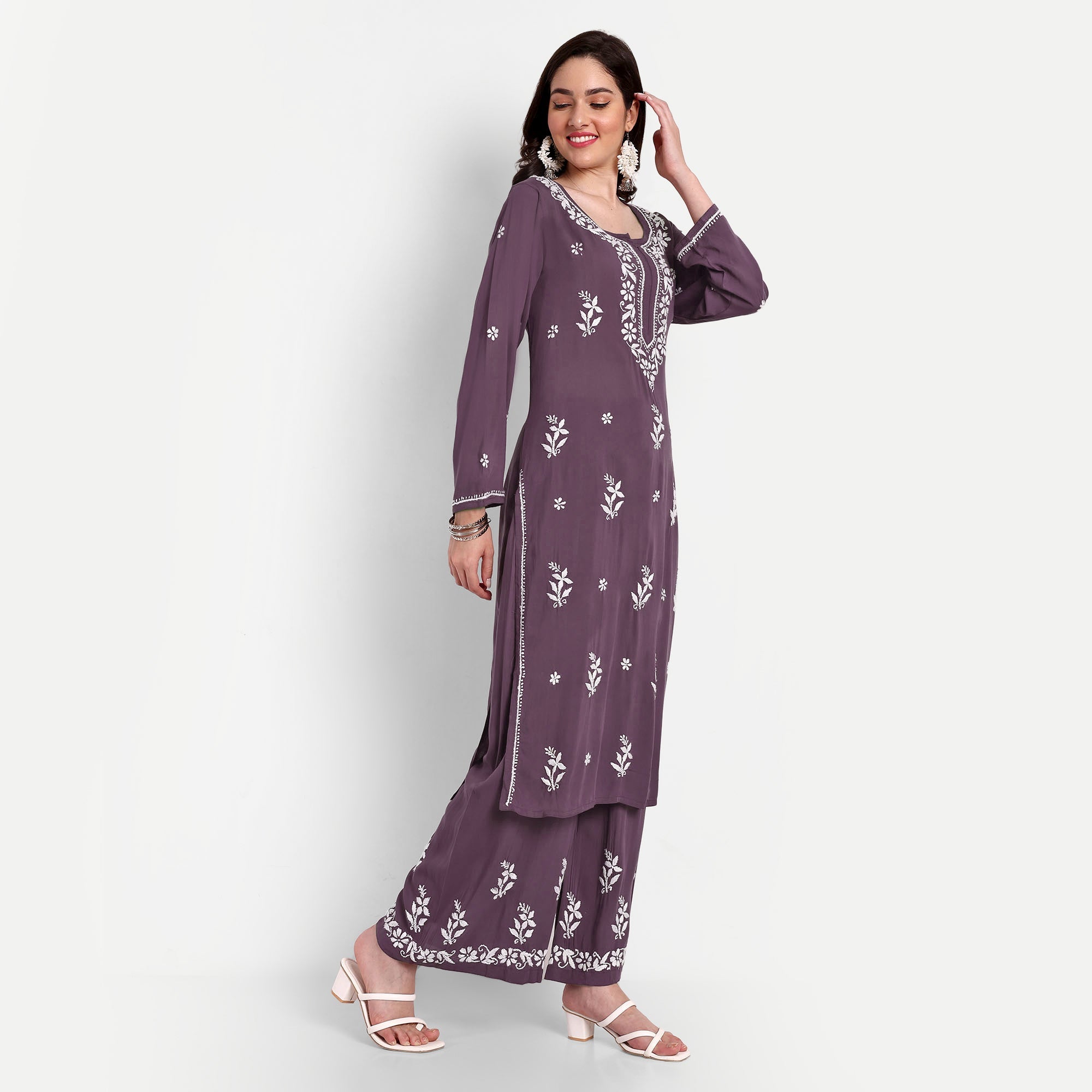 Lucknow Chikankari Hand Embroidered Kurta and Palazzo Set Modal Cotton - Indiankala4u