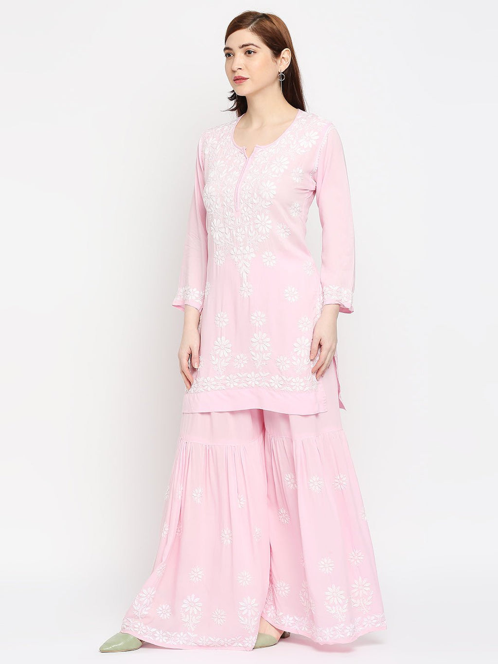 Lucknow Chikankari Hand Embroidered Kurta and Palazzo Set Modal Cotton - Indiankala4u