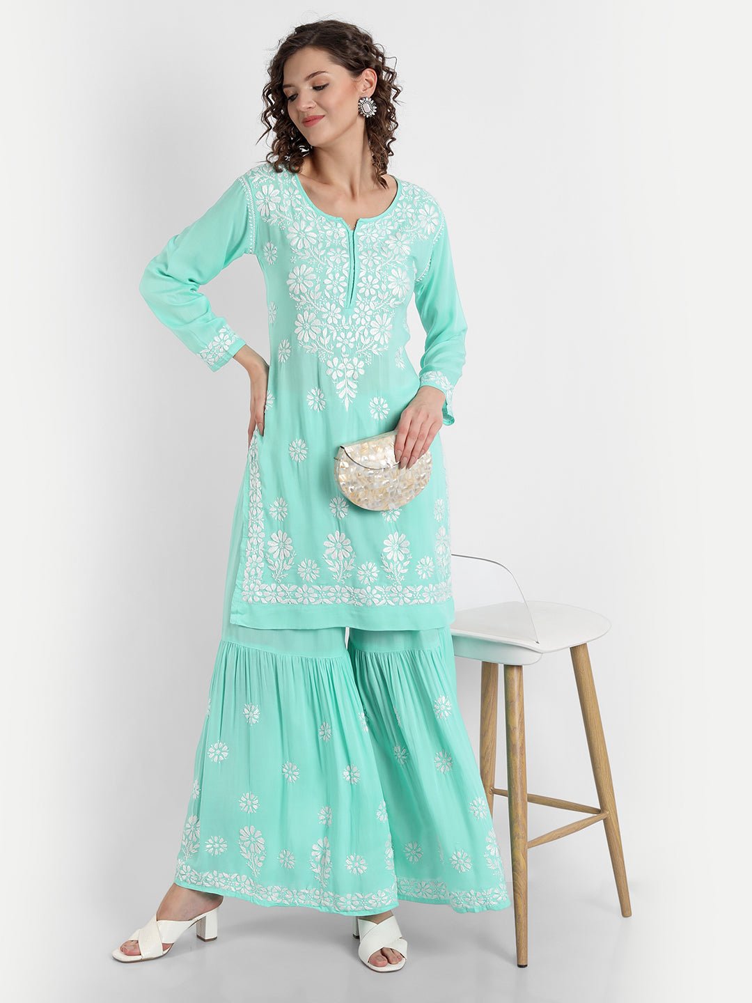Lucknow Chikankari Hand Embroidered Kurta and Palazzo Set Modal Cotton - Indiankala4u