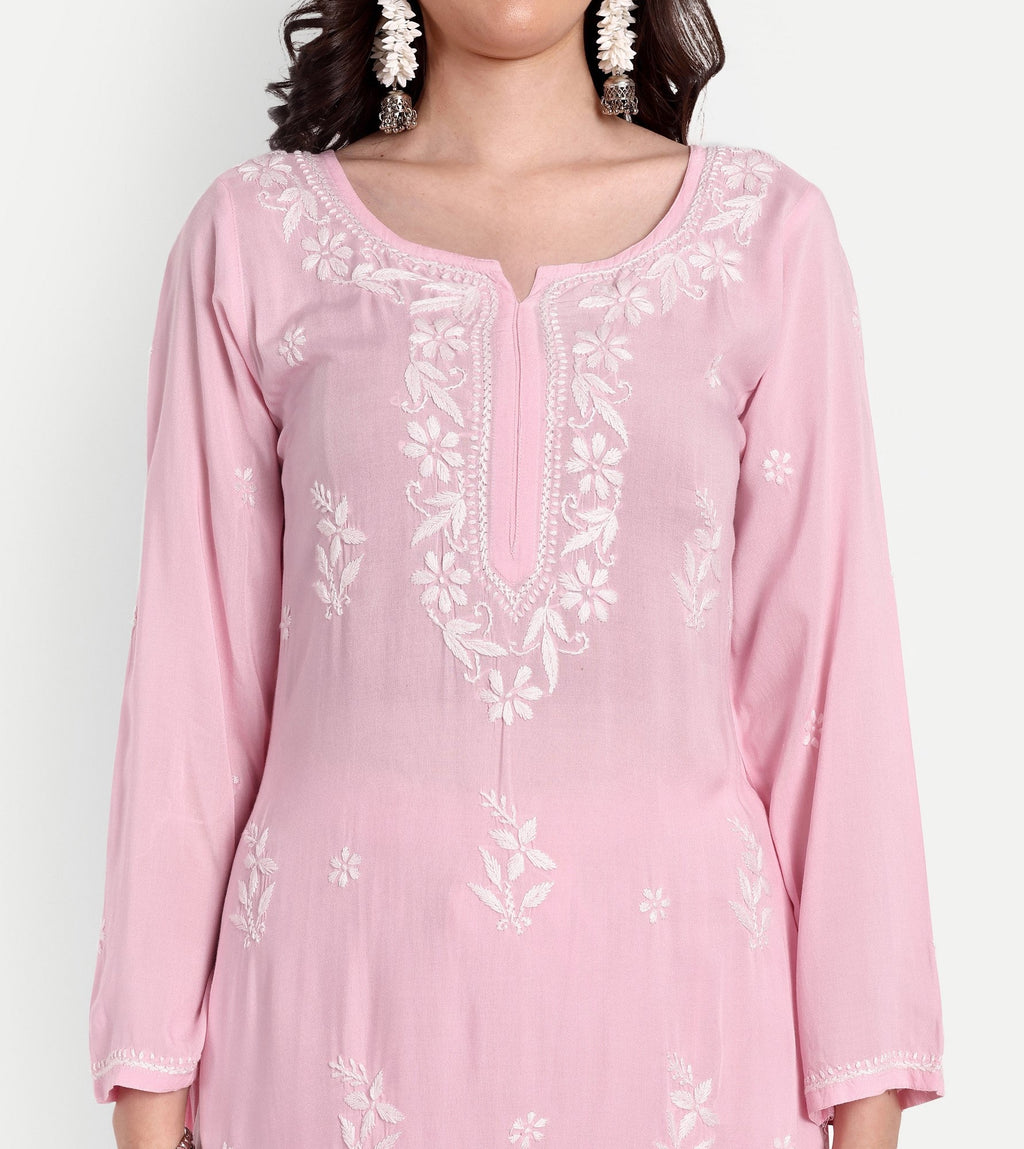 Lucknow Chikankari Hand Embroidered Kurta and Palazzo Set Modal Cotton - Indiankala4u