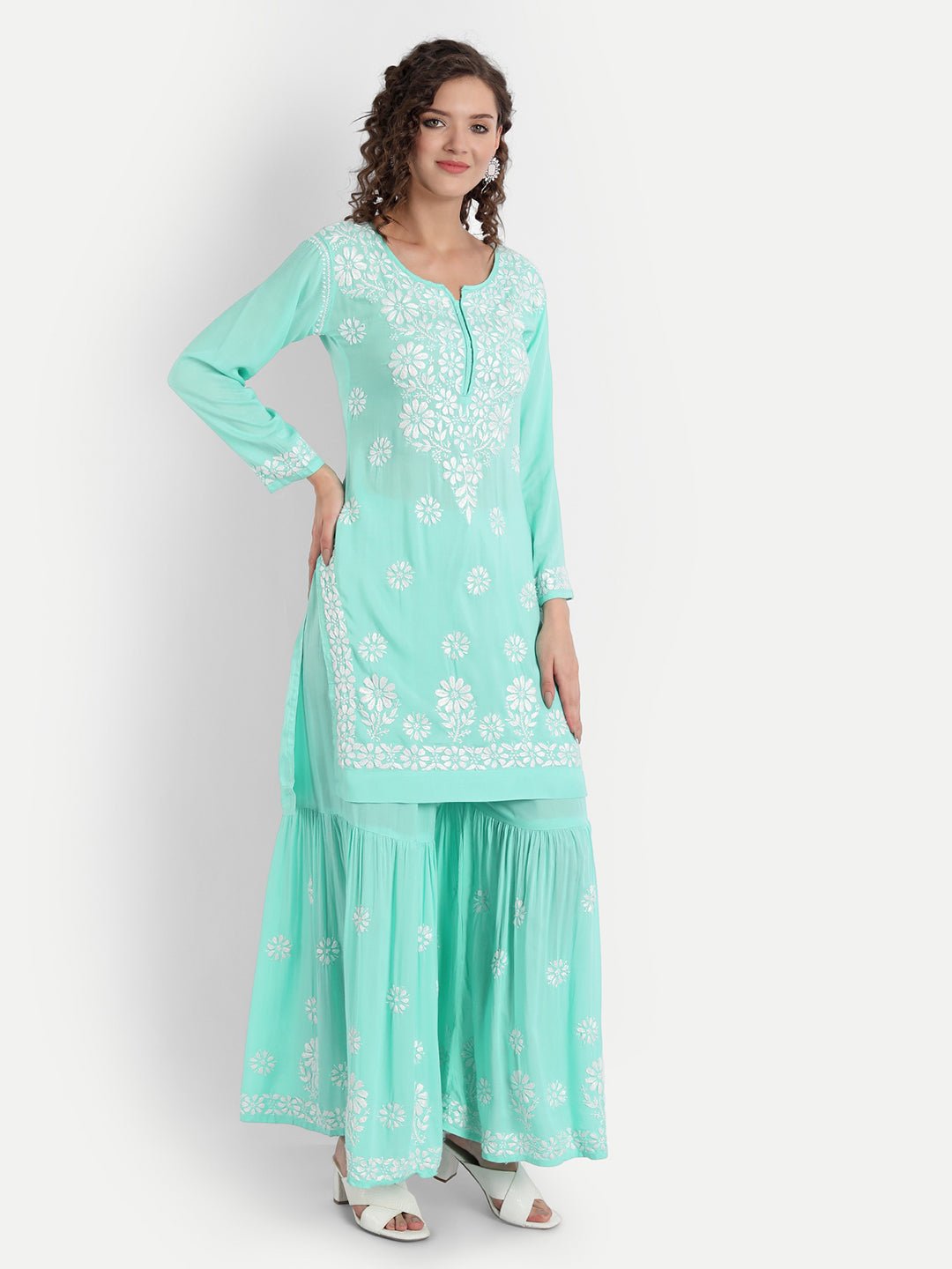 Lucknow Chikankari Hand Embroidered Kurta and Palazzo Set Modal Cotton - Indiankala4u