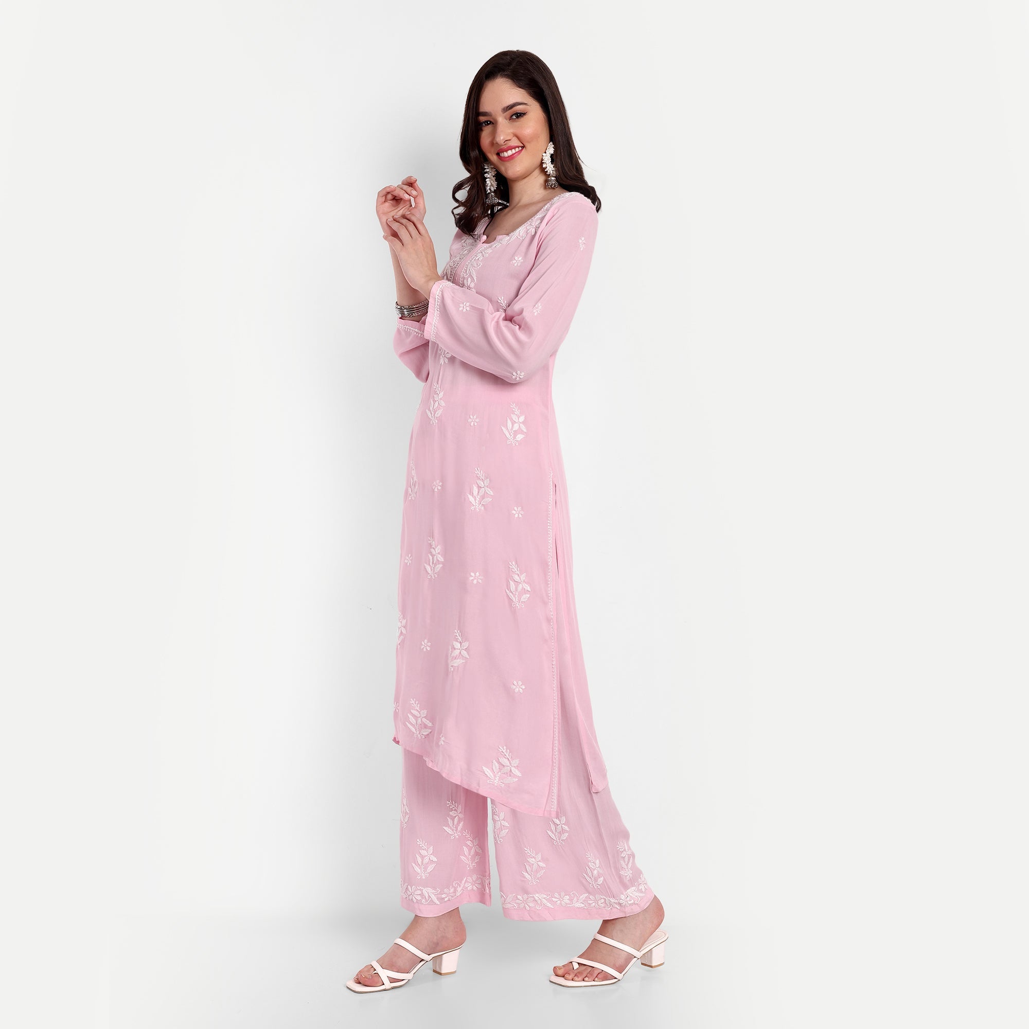 Lucknow Chikankari Hand Embroidered Kurta and Palazzo Set Modal Cotton - Indiankala4u