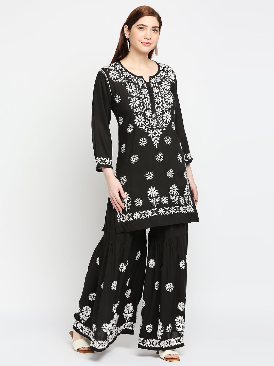 Lucknow Chikankari Hand Embroidered Kurta and Palazzo Set Modal Cotton - Indiankala4u