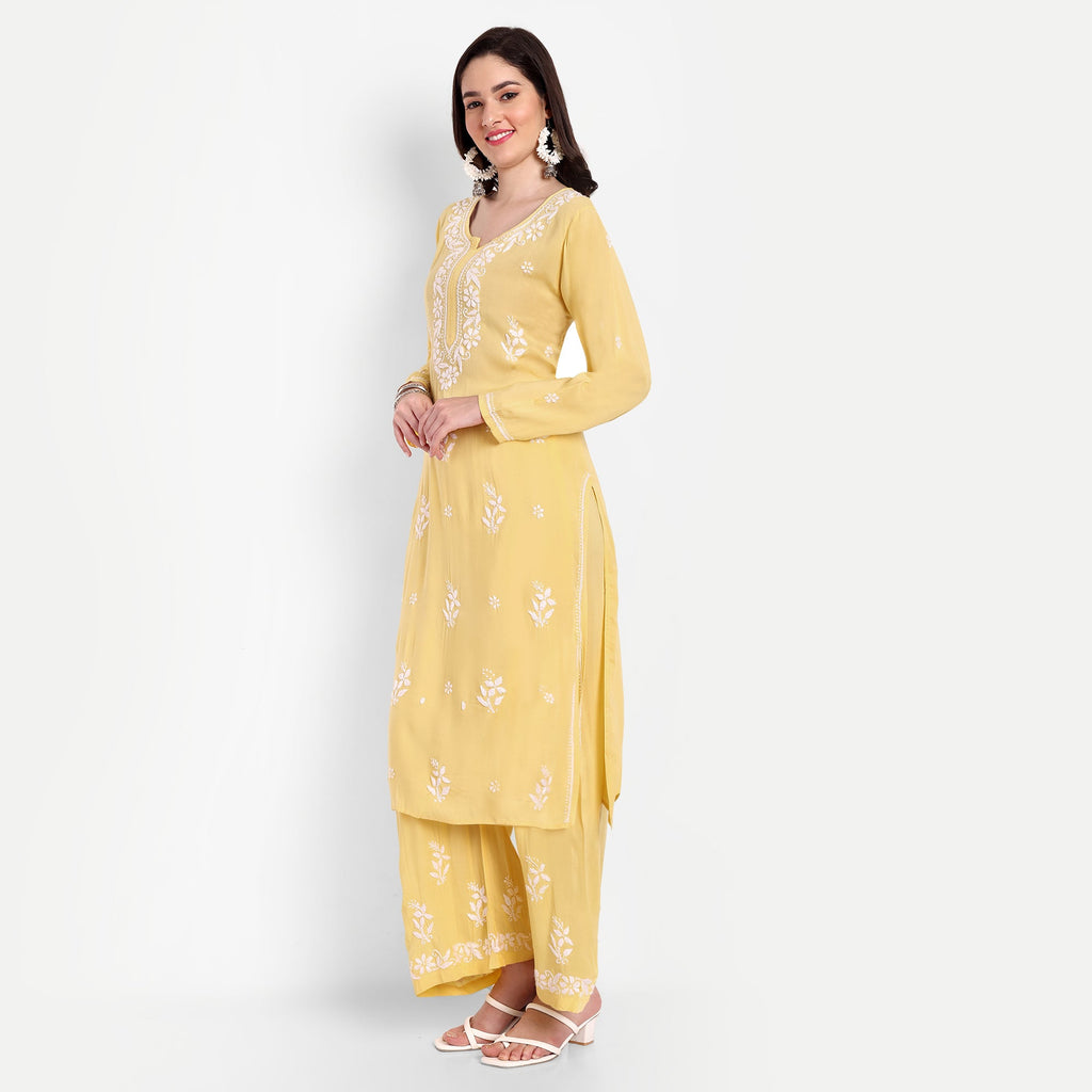Lucknow Chikankari Hand Embroidered Kurta and Palazzo Set Modal Cotton - Indiankala4u