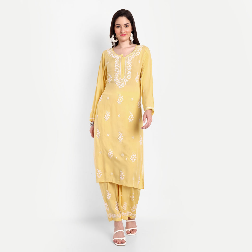 Lucknow Chikankari Hand Embroidered Kurta and Palazzo Set Modal Cotton - Indiankala4u