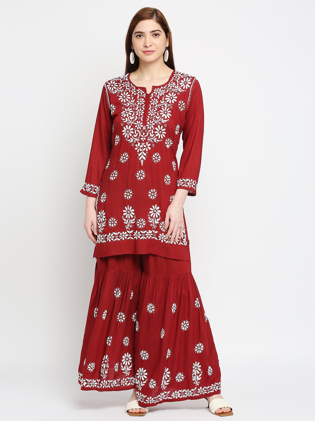 Lucknow Chikankari Hand Embroidered Kurta and Palazzo Set Modal Cotton - Indiankala4u