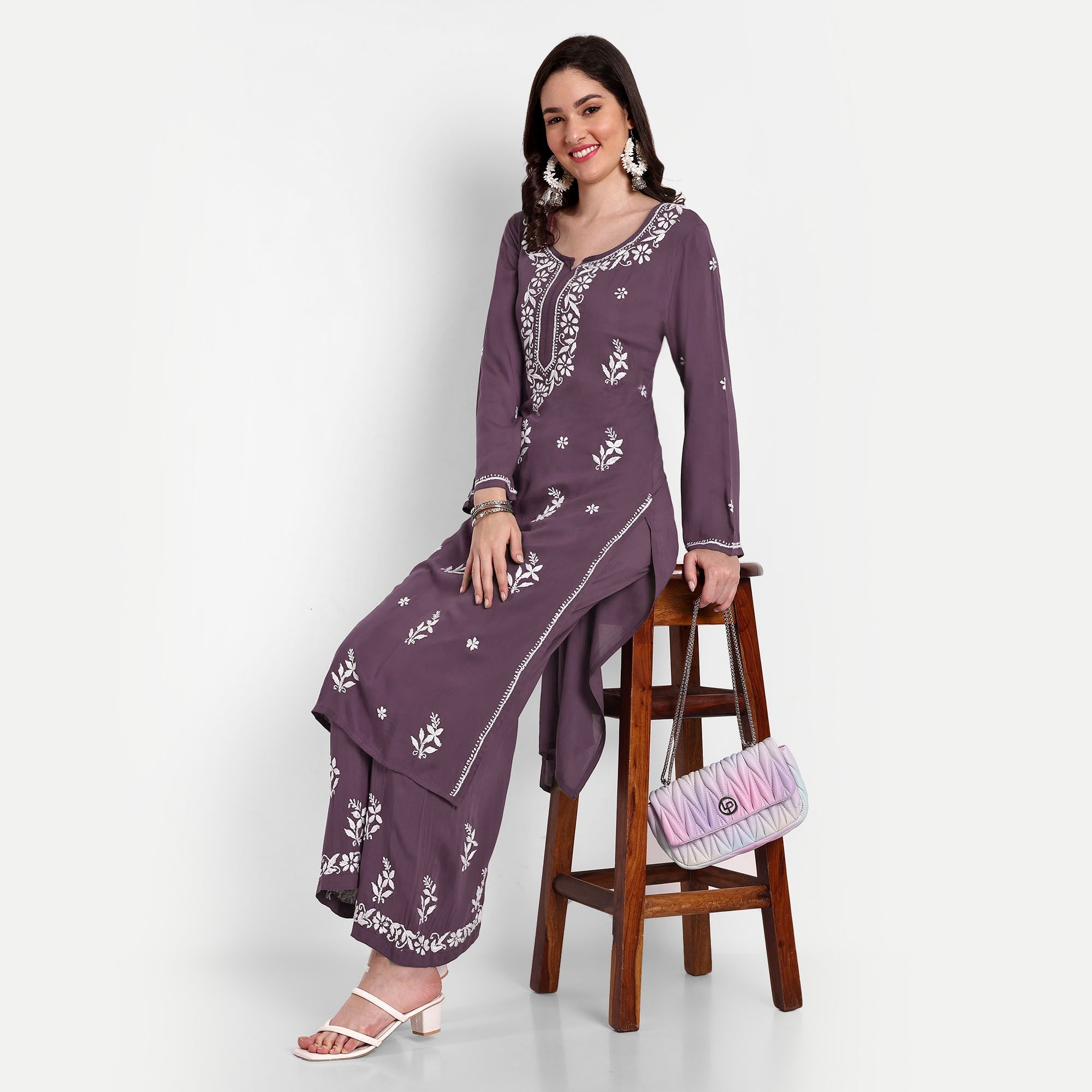 Lucknow Chikankari Hand Embroidered Kurta and Palazzo Set Modal Cotton - Indiankala4u