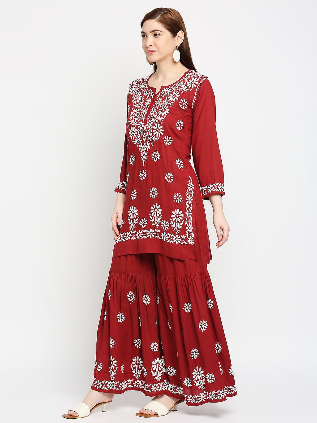 Lucknow Chikankari Hand Embroidered Kurta and Palazzo Set Modal Cotton - Indiankala4u