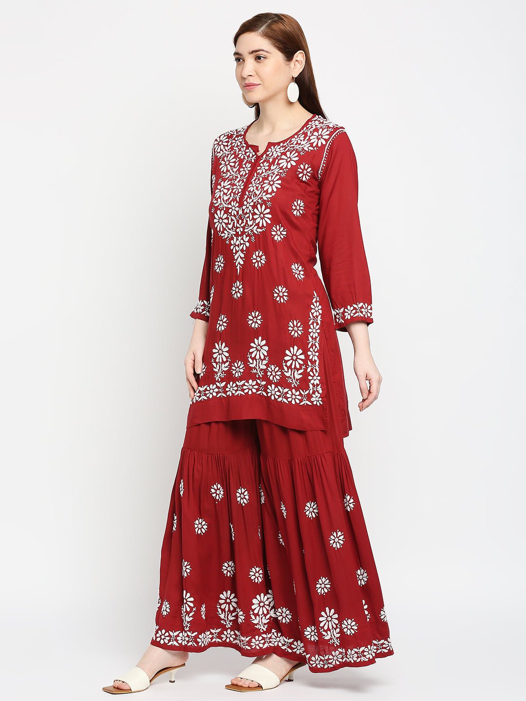Lucknow Chikankari Hand Embroidered Kurta and Palazzo Set Modal Cotton - Indiankala4u