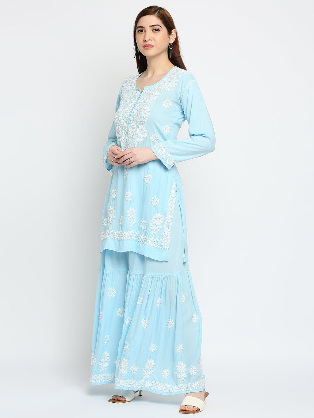 Lucknow Chikankari Hand Embroidered Kurta and Palazzo Set Modal Cotton - Indiankala4u