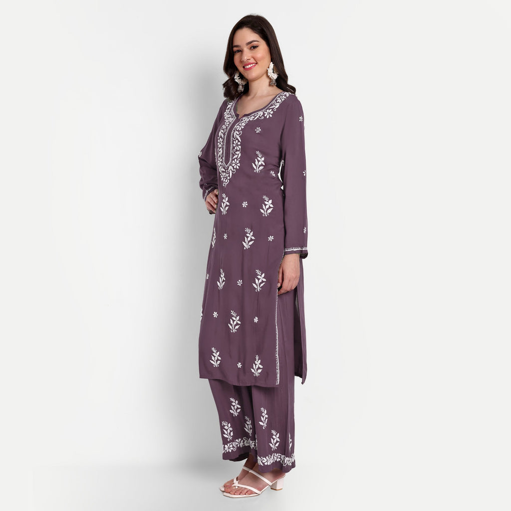Lucknow Chikankari Hand Embroidered Kurta and Palazzo Set Modal Cotton - Indiankala4u
