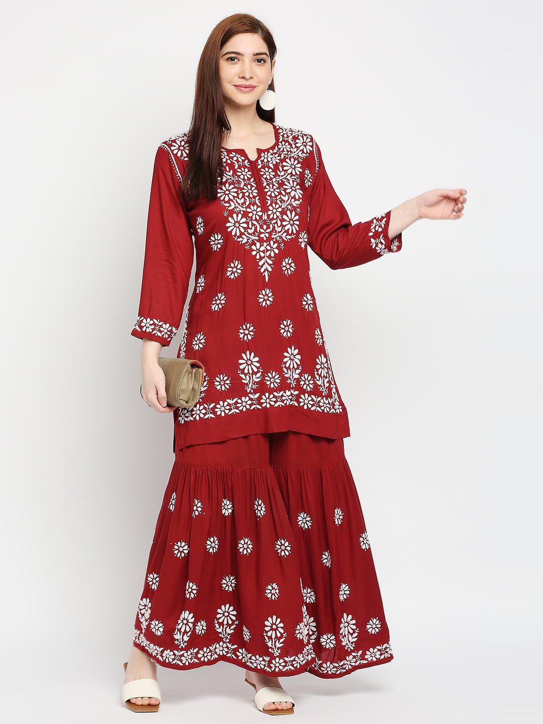 Lucknow Chikankari Hand Embroidered Kurta and Palazzo Set Modal Cotton - Indiankala4u