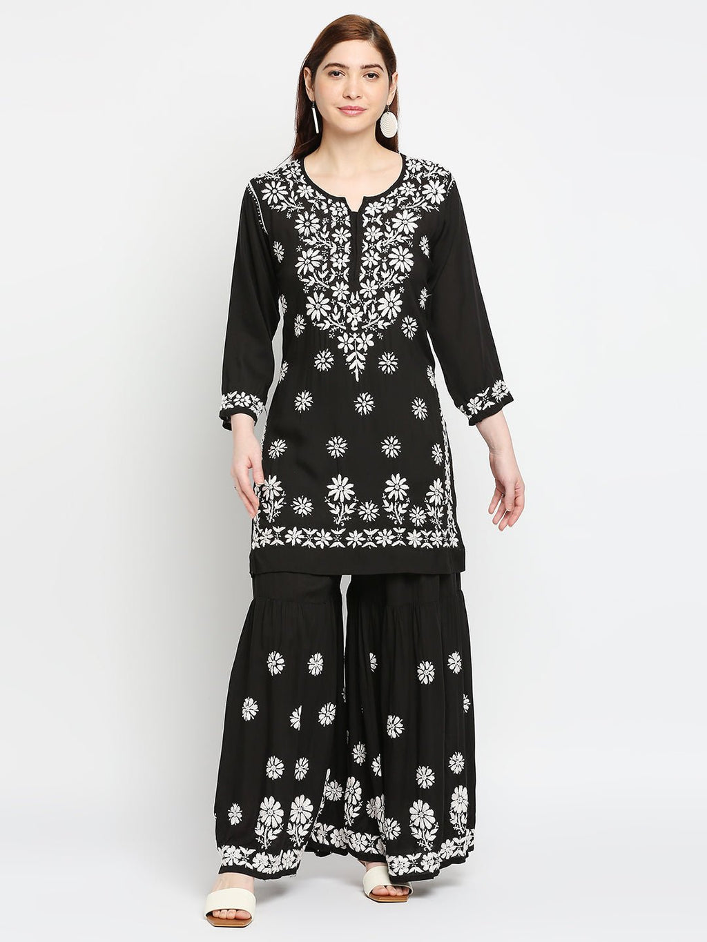 Lucknow Chikankari Hand Embroidered Kurta and Palazzo Set Modal Cotton - Indiankala4u
