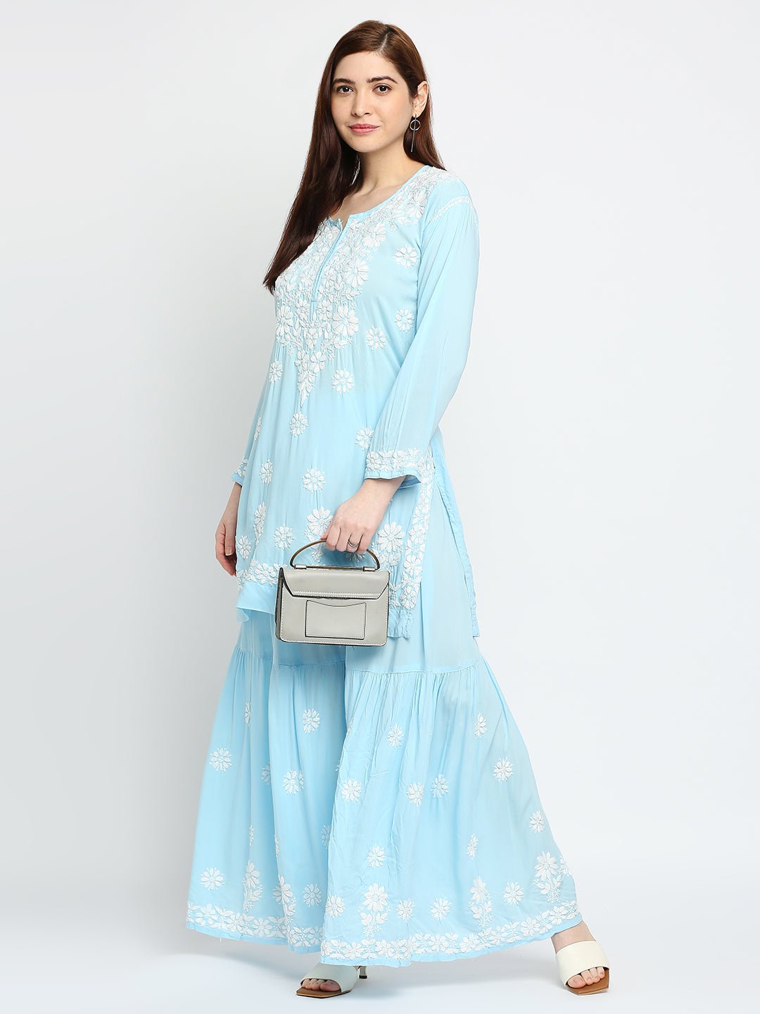 Lucknow Chikankari Hand Embroidered Kurta and Palazzo Set Modal Cotton - Indiankala4u