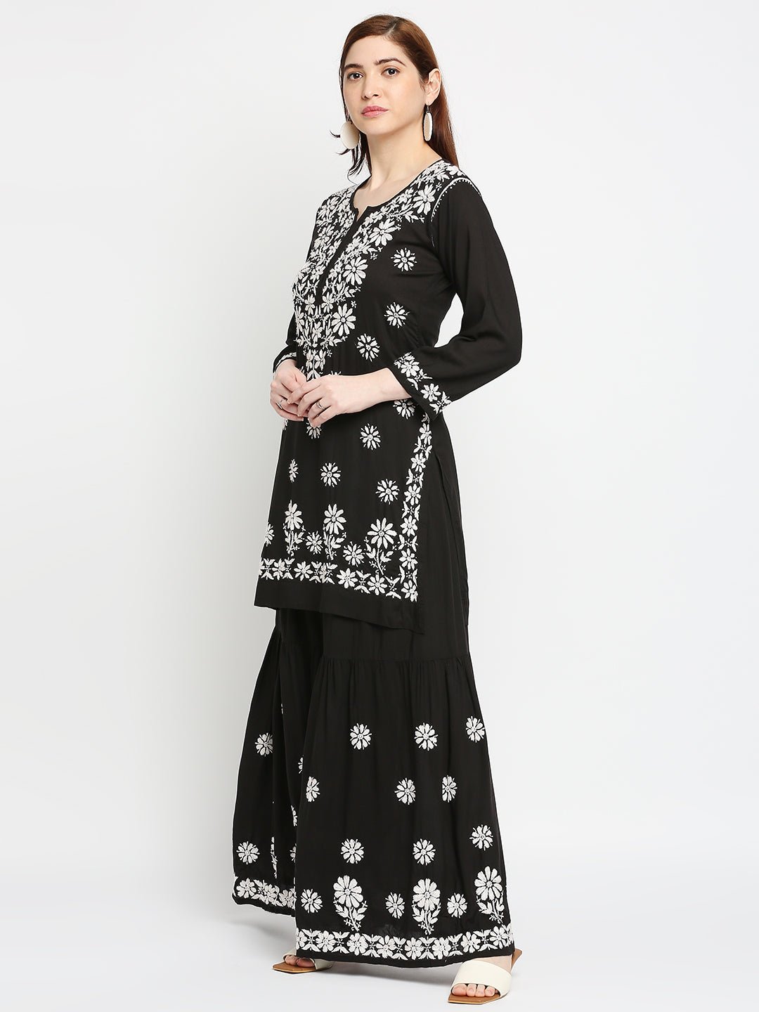 Lucknow Chikankari Hand Embroidered Kurta and Palazzo Set Modal Cotton - Indiankala4u