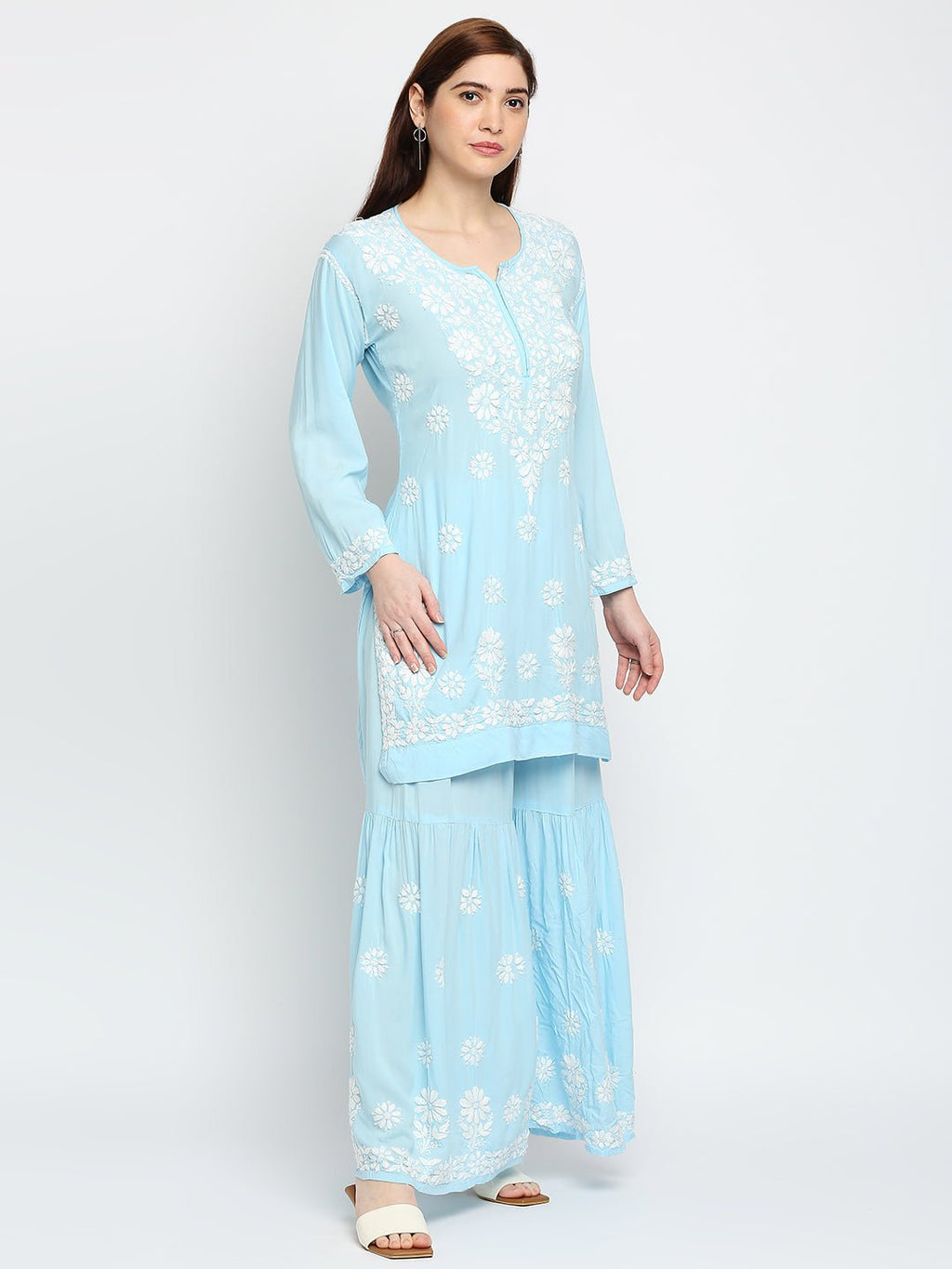 Lucknow Chikankari Hand Embroidered Kurta and Palazzo Set Modal Cotton - Indiankala4u
