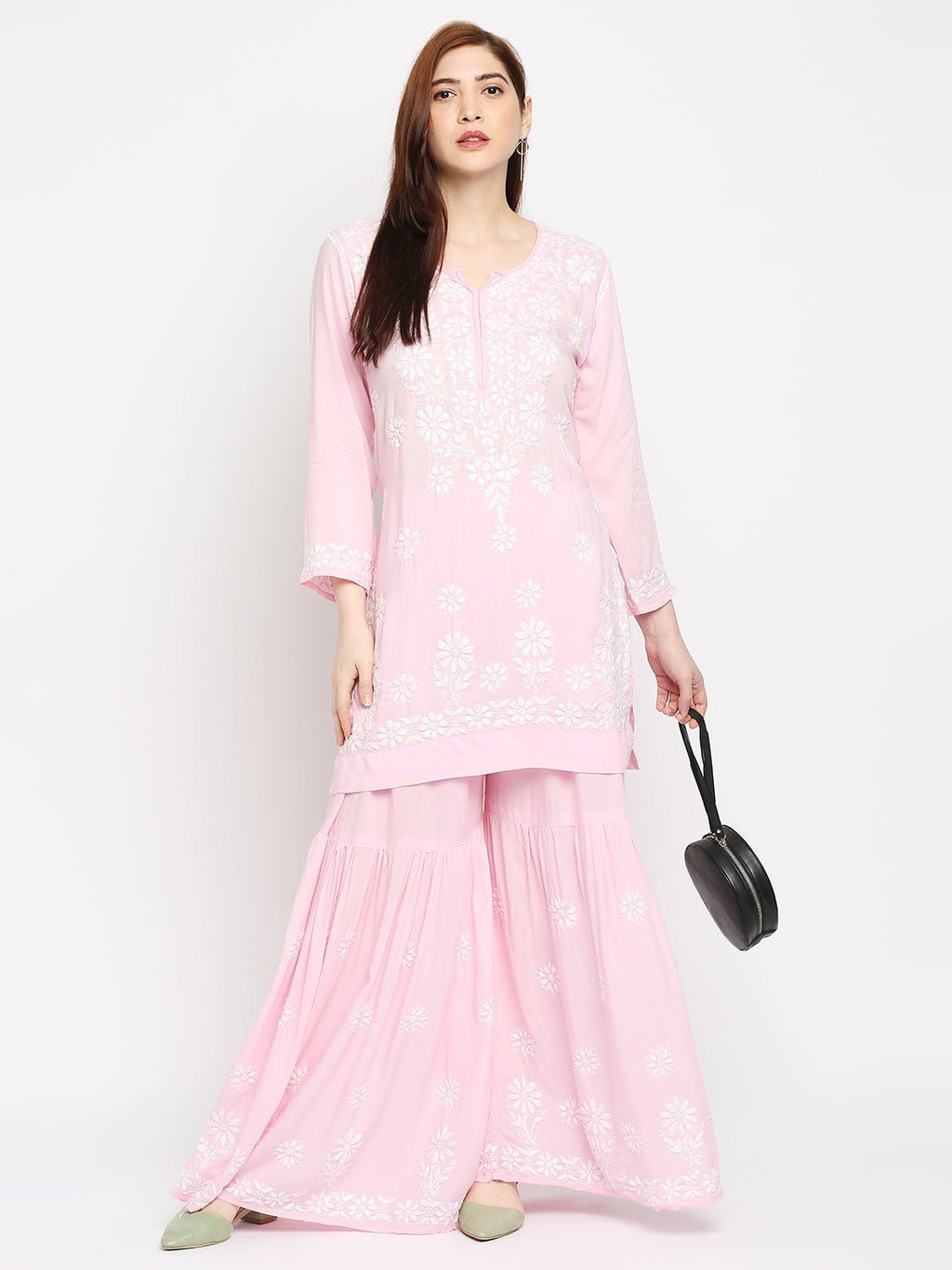 Lucknow Chikankari Hand Embroidered Kurta and Palazzo Set Modal Cotton - Indiankala4u