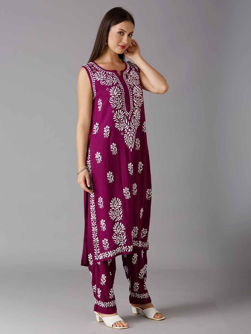 Lucknow Chikankari Hand Embroidered Kurta and Palazzo Set Rayon - Indiankala4u