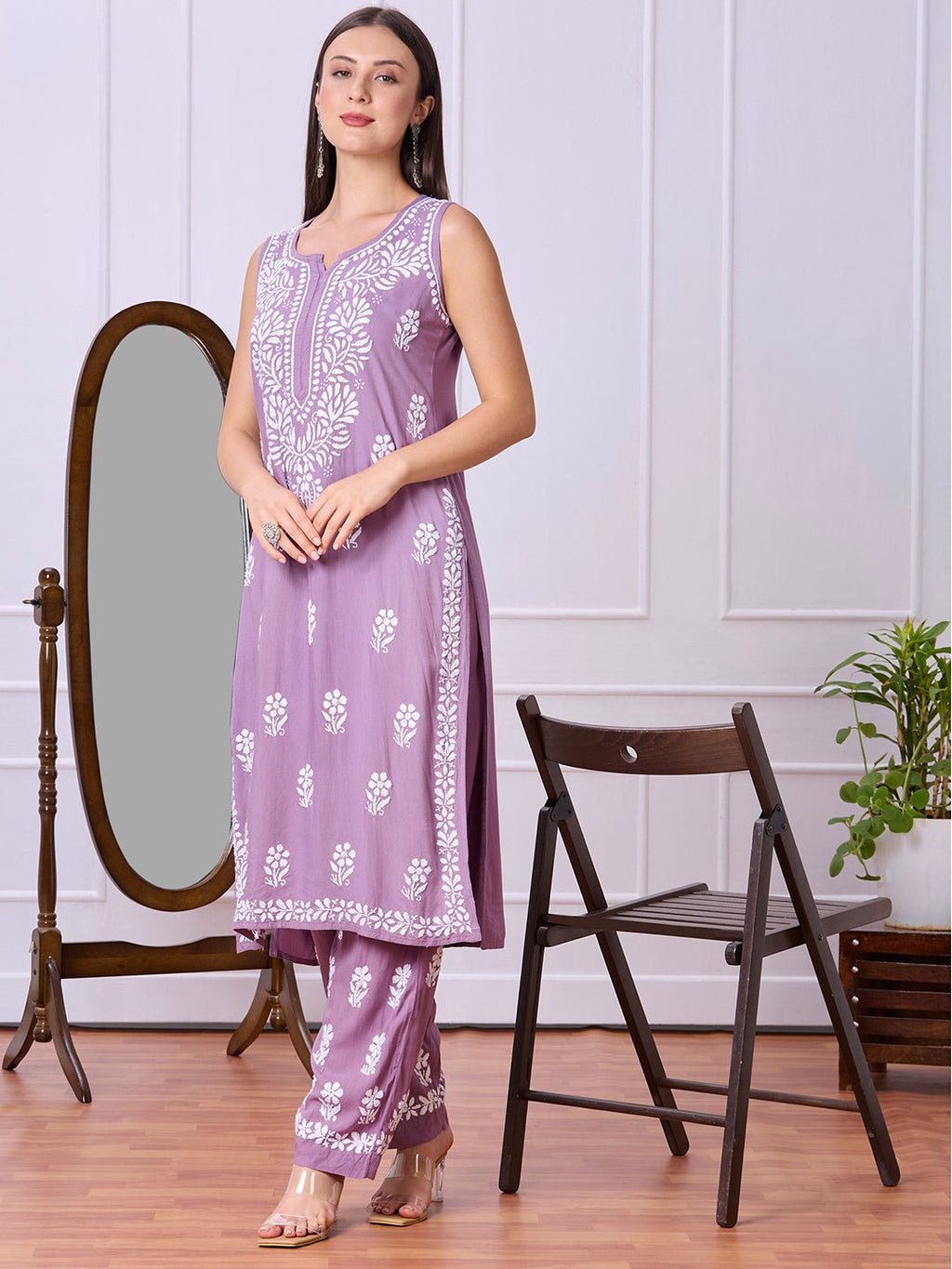 Lucknow Chikankari Hand Embroidered Kurta and Palazzo Set Rayon - Indiankala4u