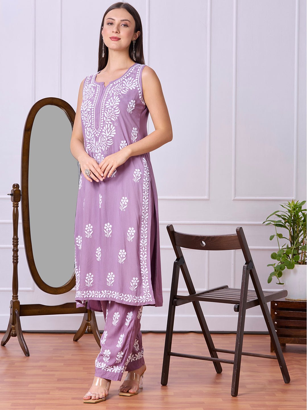Lucknow Chikankari Hand Embroidered Kurta and Palazzo Set Rayon - Indiankala4u
