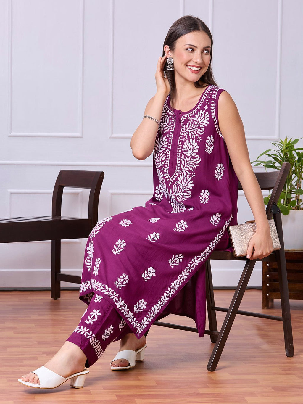 Lucknow Chikankari Hand Embroidered Kurta and Palazzo Set Rayon - Indiankala4u